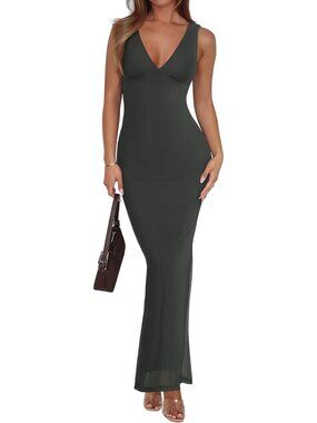 Women's Grey Summer V Neck Sleeveless Wedding Guest Maxi Dress Sexy Mesh Dress